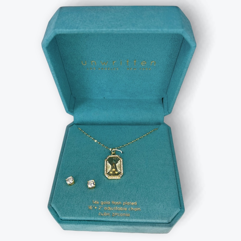 NWT Unwritten Gold-Tone Initial “A” Pendant Necklace & CZ Stud Earring Set - Picture 9 of 14